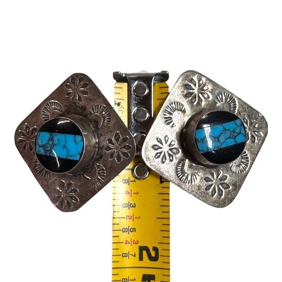 Vintage Silver Clip-On Earrings Mexico Turquoise Onyx Inlay Square Southwest - Picture 5 of 6